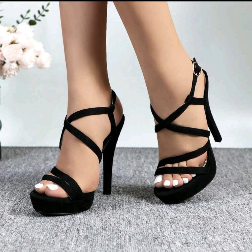 Glaze Black Suede Strappy Platform Heels